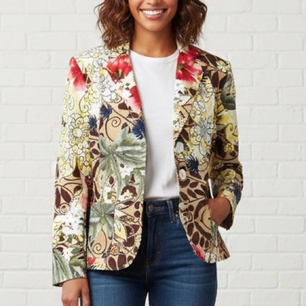 Leslie Fay Women’s Floral Print Button Front Blazer with Pockets Size 14